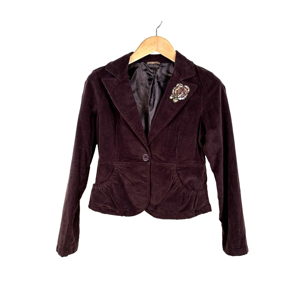 VTG Y2K Gadzooks Corduroy Blazer Brown Sequin Rose Seed Bead Embroidery Love